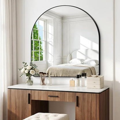 BONEWEI Arched Wall Mirror,45x45 inch Black Arched Mirror Bathroom,Large Vanity Mirror for Over Sink Metal Frame,Tempered Glass Arch Mirrors for Bedroom,Entryway,Living Room,Home Decor Shatter-Proof
