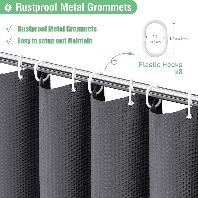 Stall Waffle Shower Curtain 256 GSM Heavy 48"x72" Charcoal Grey | 48 Inch Wide, Thick Cloth, Weighted Hem, Water Repellent, Hotel Luxury Polyester Shower Curtain Set for Bathroom 8 Hooks