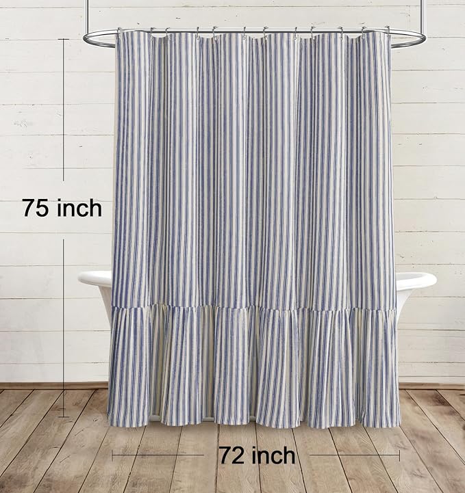 Farmhouse Shower Curtain Ruffle Linen Cream-Blue Stripe 72"W x 75"L | Farmhouse Boho, Striped, Bottom Ruffle, Linen Fabric, Rustic, Country, Natural Look, Washable, for Bathroom Bathtub