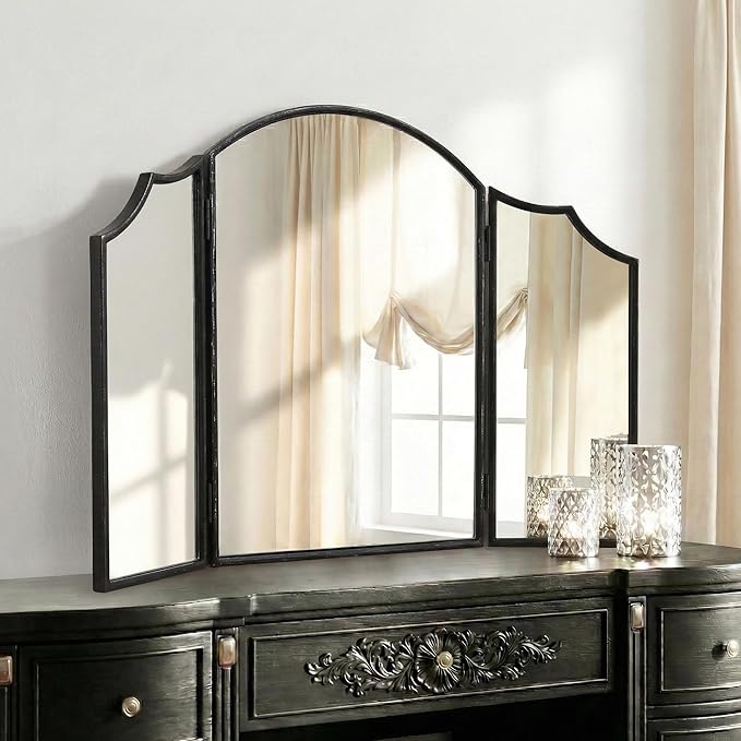 Besdomus Black Scalloped Vanity Mirror: 36"x24" Three Sided Dresser Miror | Classical Minimalist Wooden Arched 3 Way Trifold Mirror for Bedroom/Cloakroom/Dressing Room/Wall - Home Decor for Housewife