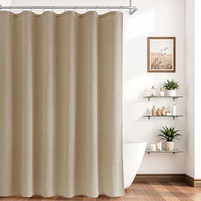 Linen Shower Curtain 78 Inch Long Shower Curtains Set with Hooks for Bathroom Boho Farmhouse Fabric Neutral Cloth Modern Cottage Core Waterproof,Eggshell Beige