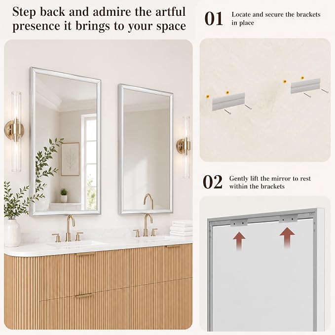 2 Pack 24x36 Inch Brushed Nickel Bathroom Mirrors for Over Sink | Curved Aluminum Frame Rectangle Vanity Mirror Set for Double Sink, HD Tempered Glass, Anti-Rust, Horizontal or Vertical