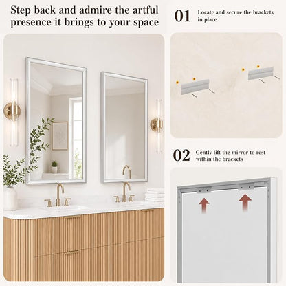 2 Pack 24x36 Inch Brushed Nickel Bathroom Mirrors for Over Sink | Curved Aluminum Frame Rectangle Vanity Mirror Set for Double Sink, HD Tempered Glass, Anti-Rust, Horizontal or Vertical
