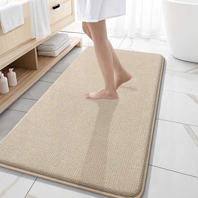 OLANLY Memory Foam Bathroom Runner Rugs 47x20, Absorbent Long Mat, Beige | Soft Quick Dry Bath Rugs, Non-Slip Carpet, Machine Washable Mat for Bathroom Floor, Tub and Shower, Home Decor Accessories