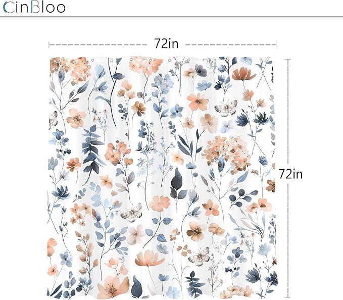 Cute Floral Blue Pink Flower Watercolor Plants Bathroom Shower Curtain Set | 72"W x 72"H Wildflower Butterfly; waterproof HD print, quick-dry fabric and plastic hooks for easy setup.