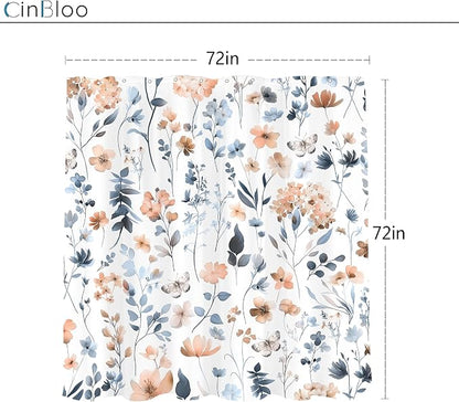 Cute Floral Blue Pink Flower Watercolor Plants Bathroom Shower Curtain Set | 72"W x 72"H Wildflower Butterfly; waterproof HD print, quick-dry fabric and plastic hooks for easy setup.