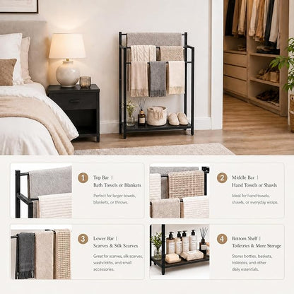 24.8" W Freestanding Towel Rack with Black Wood Shelf | 3 Tier Blanket Ladder Stand for Bathroom Living Room, Metal Frame