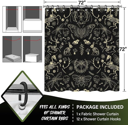 Black Goth Witchy Skull Shower Curtain Gothic Home Gift Set 72x72 Inches | Wild Animal Skeleton Goth Witchy Moth Print, Urban Home Guest Housewarming Gothic Lover Bath Decor, With Fabric Hooks