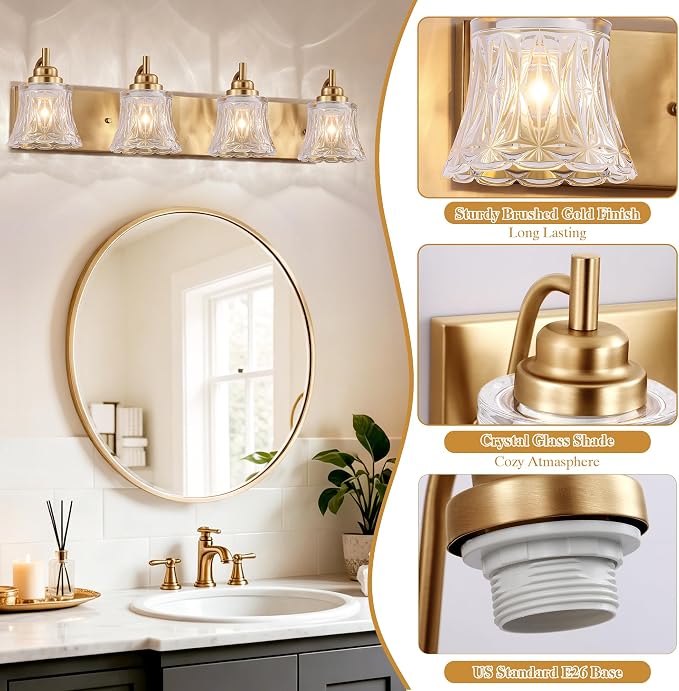 LmnLvn Brushed Gold Bathroom Light Fixtures, 4-Light Crystal Glass Shade | Mounted Over Mirror, Antique Brass Accents, Vintage Vanity Light for Bedroom & Living Room, Easy To Install