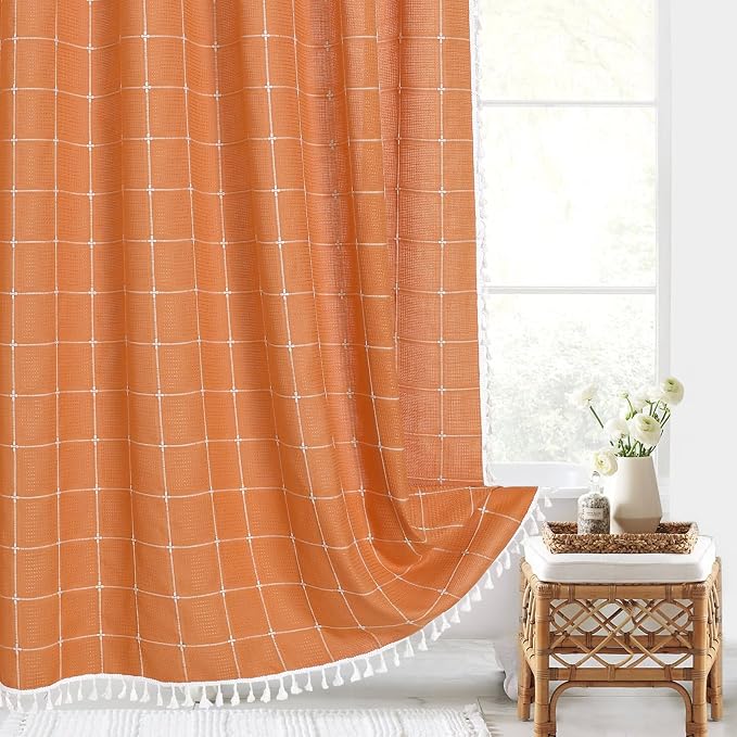 Orange Boho Farmhouse Shower Curtain for Bathroom 72x72 | 320 GSM French Country Plaid Tassel Shower Curtain, Rustic Aesthetic Bathroom Decor Windows Curtain