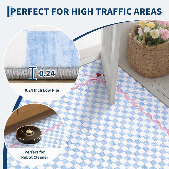 Garvee Washable 5x7 Area Rugs for Living Room, Baby Blue Checkered Cherry | Coquette Aesthetic Decor Non Slip Soft Bedroom Rugs Foldable Low Pile Stain Resistant Carpet for Playroom Nursery Girls Room