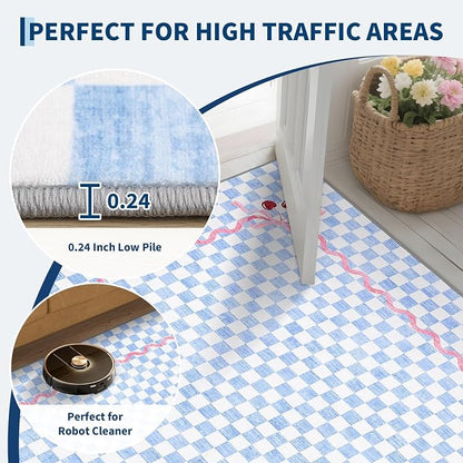 Garvee Washable 5x7 Area Rugs for Living Room, Baby Blue Checkered Cherry | Coquette Aesthetic Decor Non Slip Soft Bedroom Rugs Foldable Low Pile Stain Resistant Carpet for Playroom Nursery Girls Room