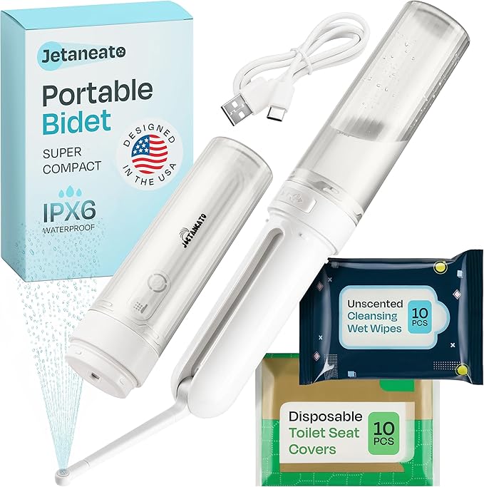 Portable Electric Bidet for Travel - Portable Bidet Rechargeable Handheld Sprayer with 3 High Pressure Modes, USB-C, Adjustable Nozzle & Extra Clean Kit, IPX6 Waterproof Peri Bottle (White)