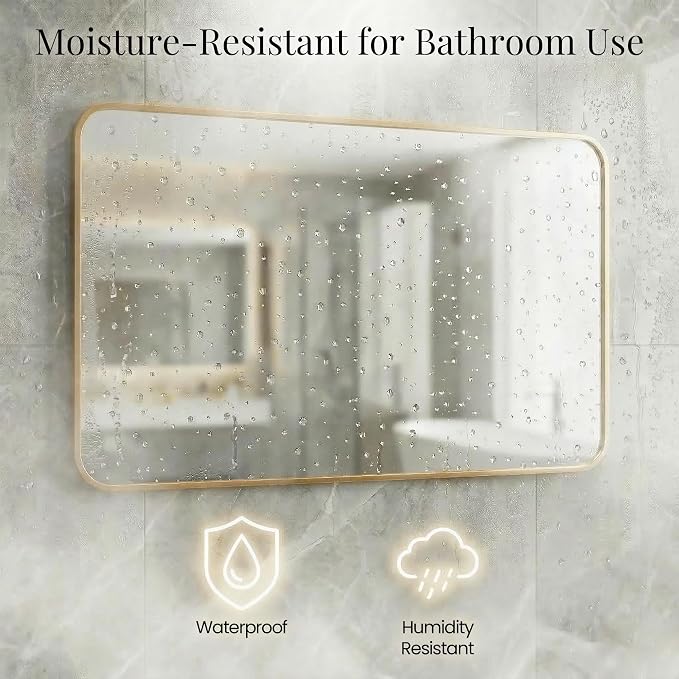 30x48 Inch Antique Gold Rounded Rectangle Bathroom Vanity Mirror | For Over-Sink Bathrooms, Powder-Coated Iron Frame, Layered Shadow Box Look, Vertical or Horizontal Layout