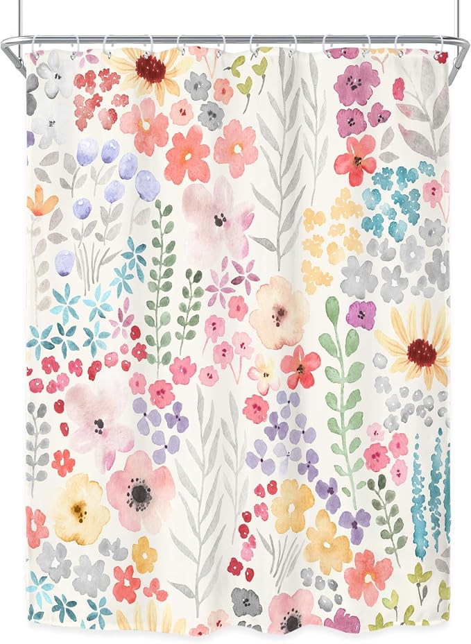 Narrow Small Stall Floral Flower Cute Colorful Bathroom Shower Curtain Set | 54"W x 78"H Plants Botanical; waterproof HD print, quick-dry fabric with 12 hooks for easy hanging.