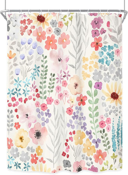 Narrow Small Stall Floral Flower Cute Colorful Bathroom Shower Curtain Set | 54"W x 78"H Plants Botanical; waterproof HD print, quick-dry fabric with 12 hooks for easy hanging.