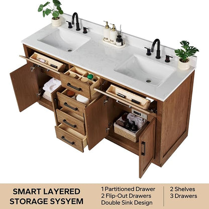 66-inch Dark Walnut Bathroom Vanity with 2 Sinks, Solid Wood, 0.79-inch Stone Countertop and Backsplash, 6 Drawers, 4 Soft Closing Doors