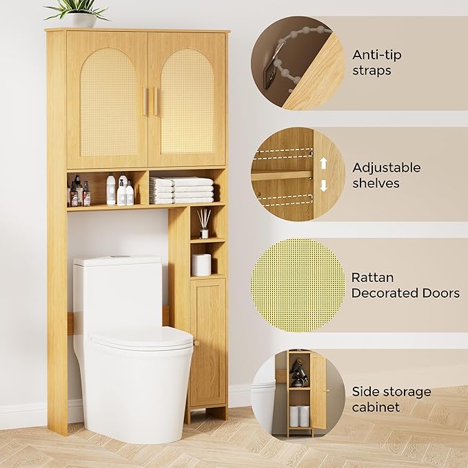 Homhedy Wooden Over The Toilet Storage Cabinet, Natural | Bathroom Organizer with Rattan Decorated Doors, Adjustable Shelves, Toilet Paper Holder, for Small Spaces