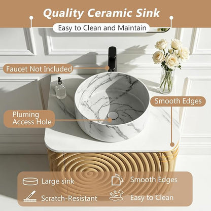 48" Floating Bathroom Vanity with Sink, Mid-Century Wall Mounted Bathroom Vanity Cabinet with Wood Waved Decor,Marble Ceramic Basin and Sintered Stone Top, Soft Close Drawer, 2 Side Open Cube