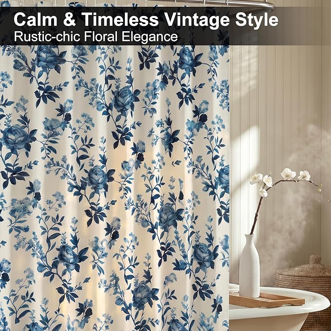 Farmhouse Blue Floral Shower Curtain, Fabric Faux Linen Shower Curtain Set with 12 Rings, Vintage Cottagecore Boho Shower Curtains for Bathroom 72" W x 72" L （Beige + Blue