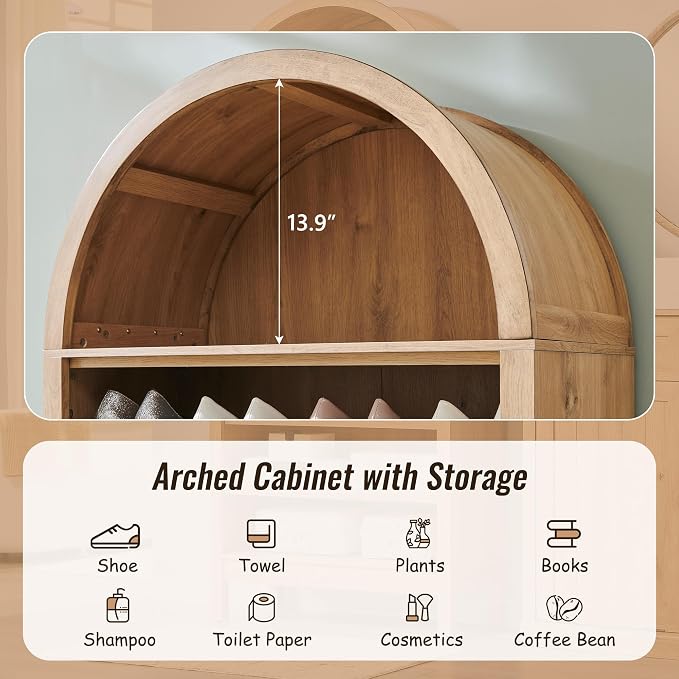 IFBUY 71" Tall Arched Bathroom Storage Cabinet, 7-Tier Modern Farmhouse Storage Cabinet with Adjustable Shelves, Wood Freestanding Cabinet for Bathroom, Living Room, Entryway, Hallway (Natural)
