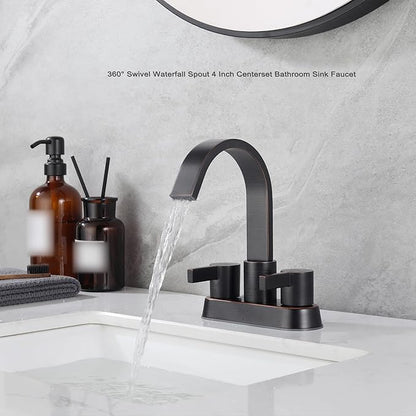 Oil Rubbed Bronze Bathroom Faucet 3 Hole, Senhozi 4 Inch Centerset Bathroom Faucet with Pop up Drain and 2 Supply Lines, Waterfall Bathroom Faucet Modern Faucet Bathroom, SE-0048-ORB