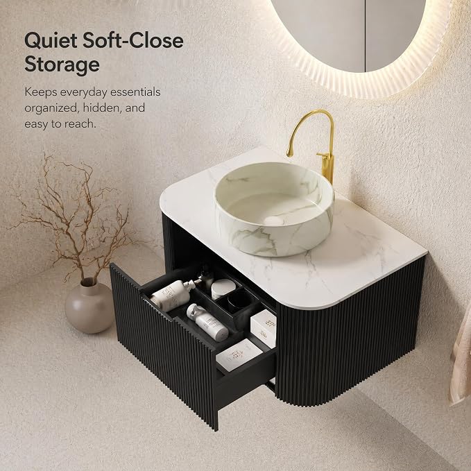 30 Inch Bathroom Vanity with Sink, Floating Wall Mounted Single Sink Vanity, Black Curved Fluted Front, Stone Top, Marble-Look Round Vessel Basin, Pre-Assembled