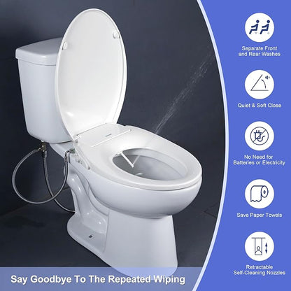Non-Electric Toilet Seat with Bidet Fits Elongated Toilets | Self-Cleaning Dual Nozzle System for Front&Rear Wash,Adjustable Water Pressure,Quiet&Slow Close Toilet Seat&Lid,Non Loosening