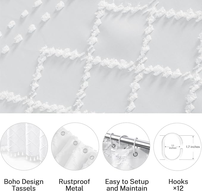 Stall Boho White Woven Fabric Shower Curtain with Tassels 54 x 72 Modern Farmhouse Minimalist Tufted Chevron Striped Shabby Chic Textured, Water Resistant Curtain for Bathroom, Hotel Decor