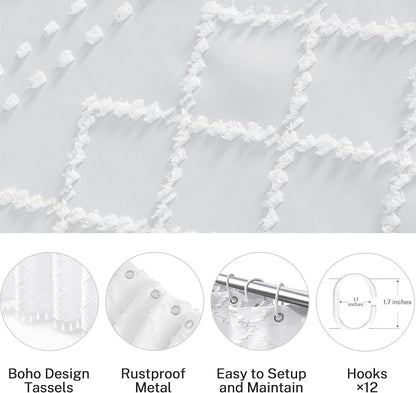 Extra Long White Textured Woven Fabric Boho Shower Curtain with Tassels 72 x 80 Modern Farmhouse Minimalist, Tufted Chevron Striped Shabby Chic, Water Resistant Cloth Curtain for Bathroom, Hotel Decor