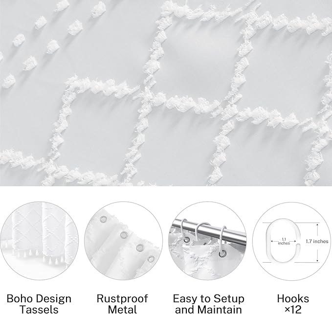 Extra Long White Textured Woven Fabric Boho Shower Curtain with Tassels 72 x 96 Modern Farmhouse Minimalist, Tufted Chevron Striped Shabby Chic, Water Resistant Cloth Curtain for Bathroom, Hotel Decor