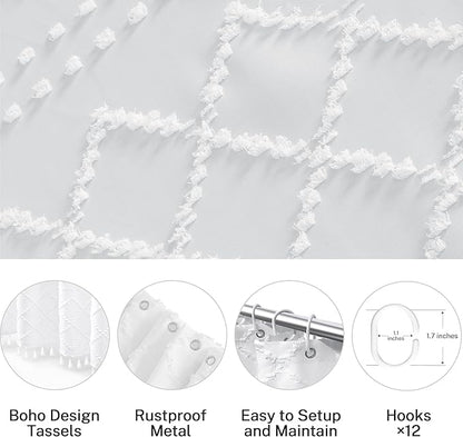 Extra Long White Textured Woven Fabric Boho Shower Curtain with Tassels 72 x 96 Modern Farmhouse Minimalist, Tufted Chevron Striped Shabby Chic, Water Resistant Cloth Curtain for Bathroom, Hotel Decor