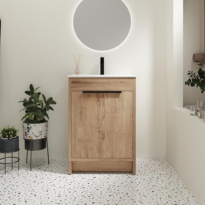 SSLine 24-Inch Bathroom Vanity with Sink Mid-Century Bathroom Vanities with Top Basin Floor Wood Bathroom Sink Cabinet with Soft-Close Doors & Adjustable Storage Shelves (Natural Brown)