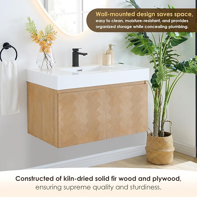 36 Inch Floating Sink Bathroom Vanity Wall Mount Single Vanities Overflow Mordern Large Storge Cabinet with Ceramic Countertop Double Soft Closing Drawers Pre-Assembled