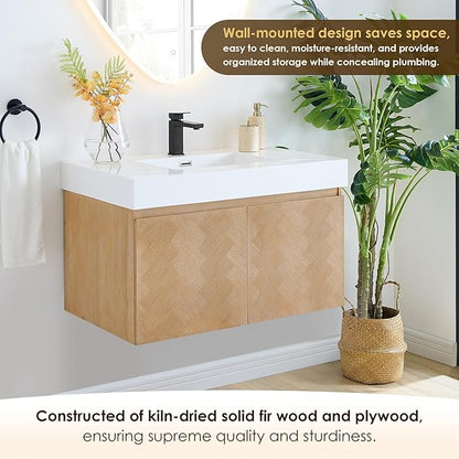 36 Inch Floating Sink Bathroom Vanity Wall Mount Single Vanities Overflow Mordern Large Storge Cabinet with Ceramic Countertop Double Soft Closing Drawers Pre-Assembled