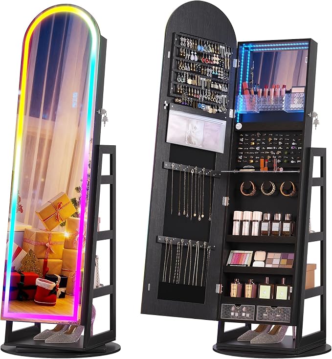 HWB Mirror Jewelry Cabinet Standing with RGB Lights & Storage Shelves | Mirror w/Storage, LED Full-length Mirror, Lockable Jewelry Armoire, 360° Swivel, Standing Jewelry Cabinet, Girls Women Gifts