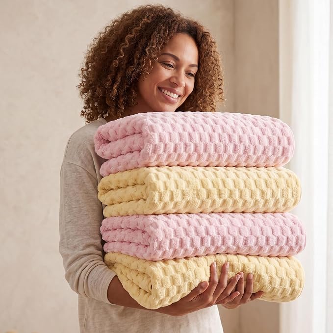REDKISS Microfiber Bath Towels Set of 4-27x55 Inch Large Waffle Bath Towels for Body, Highly Absorbent, Super Soft, Lint Free Fluffy Shower Towel for Bathroom,Gym, Lightweight Towel Set Pink,Yellow