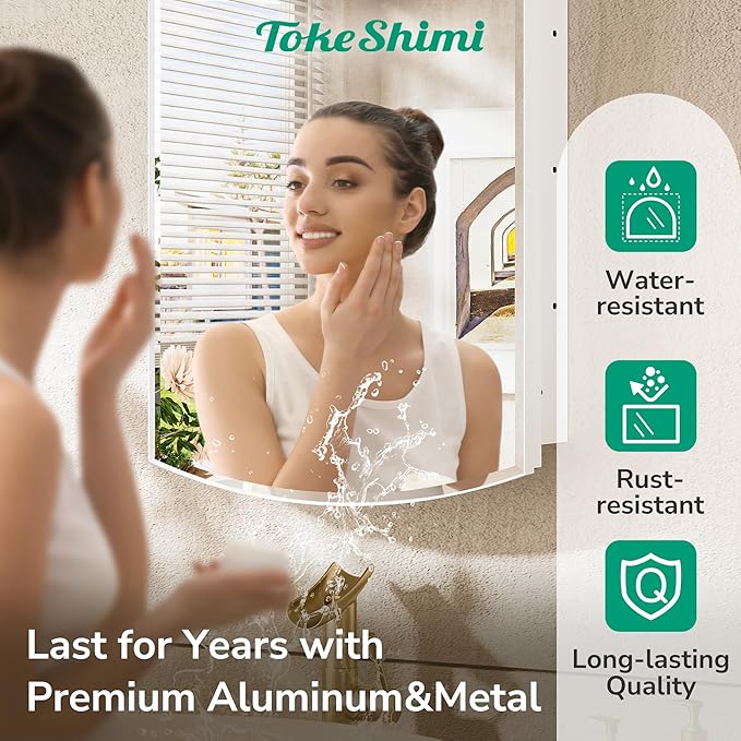 TokeShimi 20 x 30 Oval Medicine Cabinet with Mirror Recessed, Metal Surface Mounted White Arched Medicine Cabinet with Mirror Beveled with Storage Bathroom