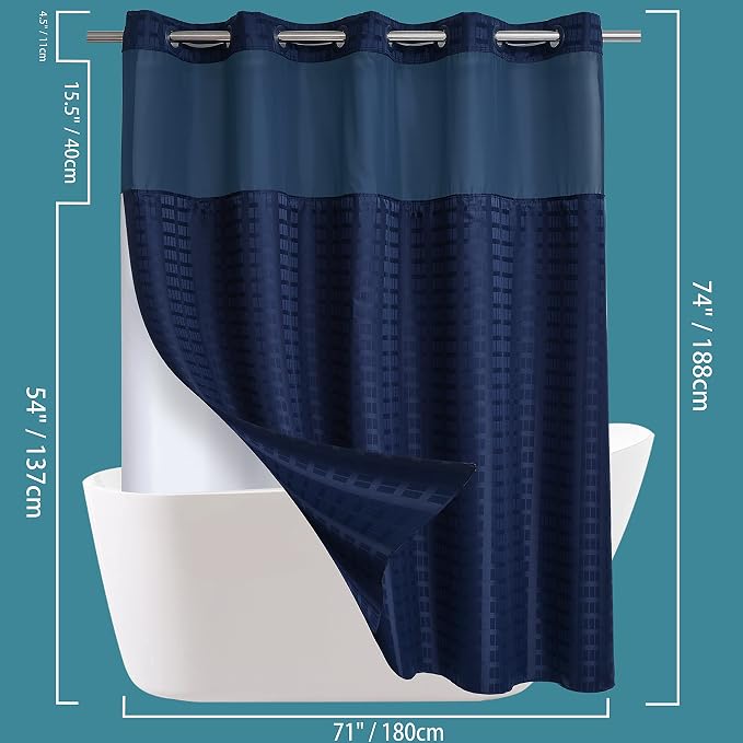 Conbo Mio No Hook Shower Curtain with Snap in Liner Set, Hotel Luxury Navy Blue Shower Curtains for Bathroom with See Through Top Window, Waterproof, Washable 71W x 74H