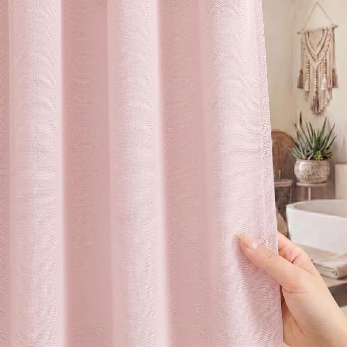 Seasonwood Pink Linen Shower Curtain Farmhouse Bathroom Decor 72x78 Inches | Boho Bathroom Decor,12 Sturdy Stainless Steel Sliding Hangers,Rustic Country Style,Linen Shower Curtains for Bathroom
