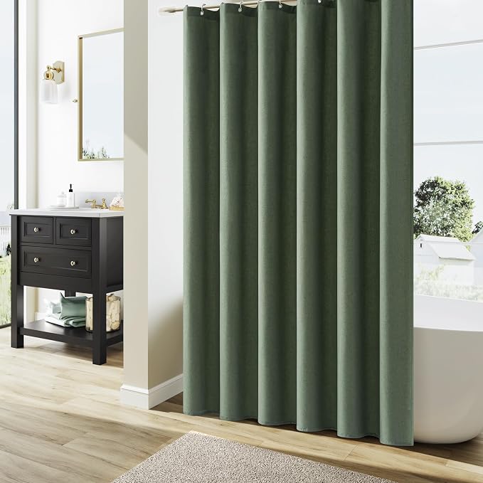 Olive Green Shower Curtain 96 inches Long, Linen Rustic Weighted Fabric Shower Curtain Set with Hooks, Bohemian Country Thick Bath Curtains for Bathroom,72x96