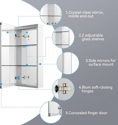 Sunrosa Medicine Cabinet with Mirror, 16" W x 31.5" H, 1 Door, Wall-Mounted & Recessed Bathroom Medicine Cabinet with Tempered Glass Mirror