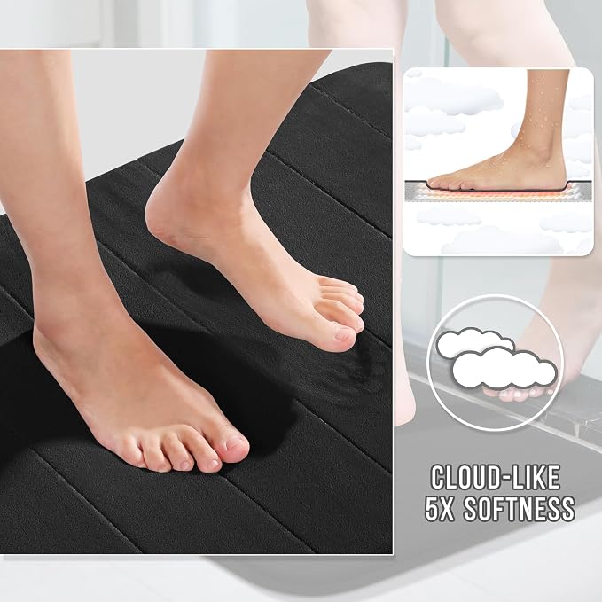 Yimobra Memory Foam Bath Mat, Soft Absorbent Bathroom Rug, 24x17, Black | Non Slip Backing, Quick Dry, Machine Washable Bath Rug for Tub & Shower Areas, Durable Design That Complements Bathroom Decor
