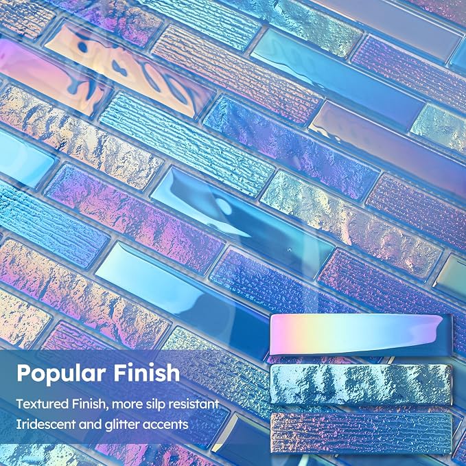 Pool Glass Mosaic Tiles, Iridescent Blue, 1x4 Inch Brick, 5 Sheets | Glass Linear Tile for Swimming Pool, Kitchen Backsplash, Shower, Bathroom Wall, Waterline, Fountain