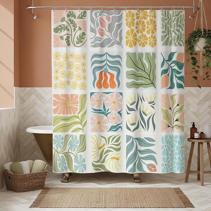 JAWO Cute Boho Floral Shower Curtain, Vintage Colorful Abstract Floral Retro Aesthetic Shower Curtain for Bathroom, Funky Unique Waterproof Fabric Polyester Bath Curtains Decor with Hooks,48Wx70H