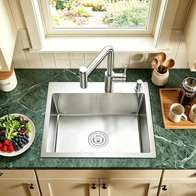 20 Inch Drop in Kitchen Sink, 9" Deep Single Bowl | 304 Stainless Steel Single Bowl with 2 Holes, R10 Tight Radius, Topmount Installation, for Modern Kitchen/RV Sink, Brushed