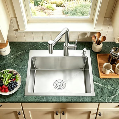 20 Inch Drop in Kitchen Sink, 9" Deep Single Bowl | 304 Stainless Steel Single Bowl with 2 Holes, R10 Tight Radius, Topmount Installation, for Modern Kitchen/RV Sink, Brushed