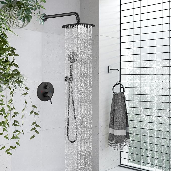 gotonovo High Pressure Shower System Valve and Trim Kit,Matte Black | Round Rain 10 Inch Shower Head with Handheld Faucet Set Complete,Rough In Valve,2-in-1 Diverter,All Metal,Bathroom Wall Mount