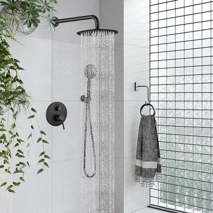 gotonovo High Pressure Shower System Valve and Trim Kit,Matte Black | Round Rain 10 Inch Shower Head with Handheld Faucet Set Complete,Rough In Valve,2-in-1 Diverter,All Metal,Bathroom Wall Mount