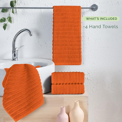 Elegant Comfort Luxury 100% Turkish Cotton Corduroy Ribbed 4 Pack Hand Towel Set 16 x 28 Inch - Absorbent, Super Soft, Quick Dry, Premium Towels for Bathroom, Gym, Spa and Hotel Use, Orange